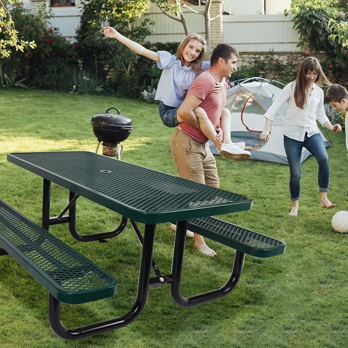 6 ft. Rectangular Outdoor Steel Picnic Table with Umbrella Pole, Heavy-Duty Weather-Resistant Dining Table for Patio, Backyard, and Garden, Rust-Resistant Finish, Green