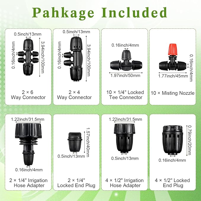 36 Pcs 1/2" to 1/4" Drip Irrigation Fittings Kit Barbed Tee Connector 2 4 6 Way Locked Tee Easy Connector Tubing End Plug Misting Nozzle Irrigation Hose Adapter for Lawn Plant System