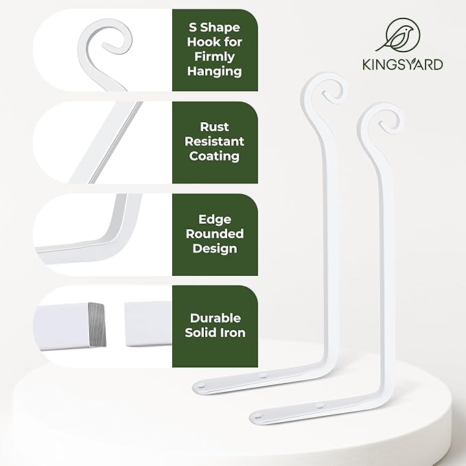 Kingsyard 2-Pack Wall Plant Hanger Outdoor - Heavy Duty Metal Hanging Bracket Hooks for Hanging Plant Bird Feeders Lanterns Wind Chimes Outdoor & Indoor, 15-Inch/White