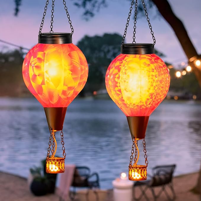 2PC Hot Air Balloon Solar Lantern with Flame, Pink Glass Balloon Lantern Lights Outdoor Waterproof, Hanging Solar Lights for Outside Garden Yard Patio Tree Porch Gift for Women Lovers Mom