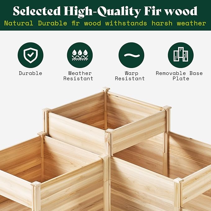 AMERLIFE 3-Tier Raised Garden Bed for Outdoor Gardening, Fir Wood Planter Box with Dividers, Tool-Free Assembly, Garden Box Perfect for Vegetables, Herbs, and Flowers