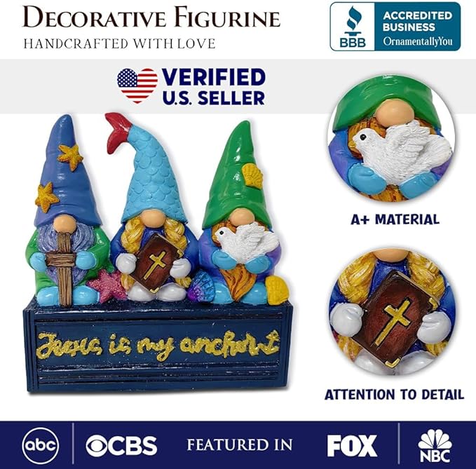 Spring & Summer-Themed Garden Statues – Adorable Outdoor Decor for Lawn, Patio & Porch (Nautical Themed Religious Gnome Figurine, Jesus is My Anchor 6" Beach House Statue)