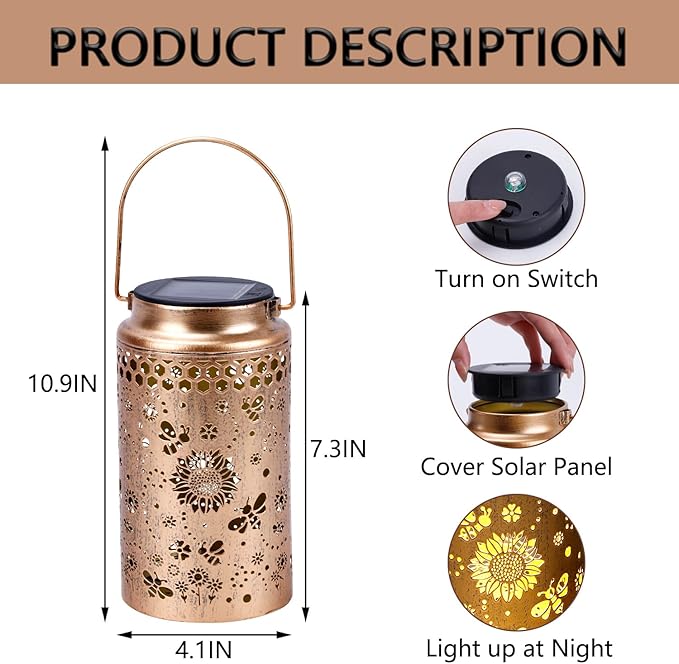 2 Pack Bee Solar Lanterns Outdoor Waterproof, Metal Hanging Lights Decorations for Garden Yard Lawn Patio, Bee Gifts for Women Mom Grandma Aunt Mother in Law Christmas