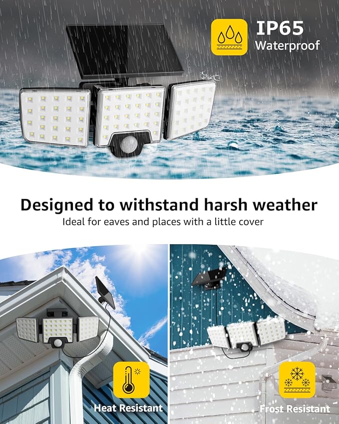 Lepro Solar Security Lights - Outdoor Motion Sensor, 2 in 1 Remote Control, IP65 Waterproof, 2 Light Modes, 3 Heads Solar Floodlight for Garden, Yard, Garage