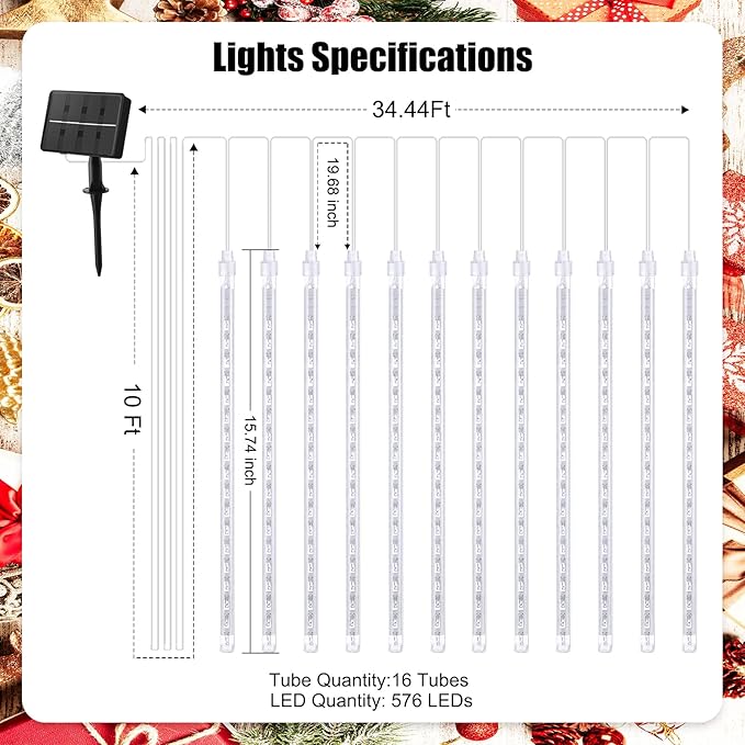 Meteor Shower Lights 20 Tubes 16 Inch 720 LED Solar Christmas Lights Outdoor Waterproof, Snow Cascading String Lights for Outside Christmas Halloween House Tree Decoration, Blue