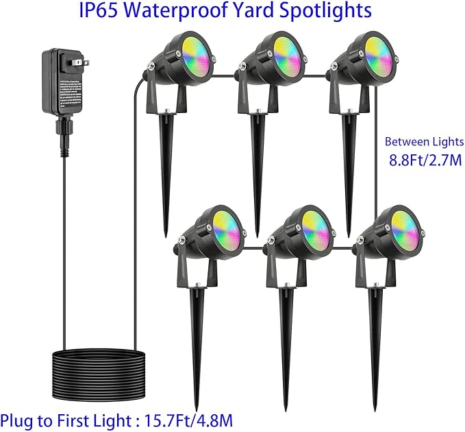 24W Outdoor RGB SpotLights with Timer, IP65 Waterproof Metal Landscape Lights Remote Colored Spot Lights Outdoor RGB Color Changing Spotlight for Outdoor Yard Garden Lawn(6 Lights), Black