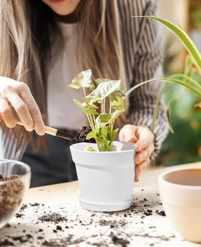 Homenote Pots for Plants, 15 Pack 6 Inch Plastic Planters with Multiple Drainage Holes and Trays,Plant Pots for All Home Garden Flowers Succulents (White)