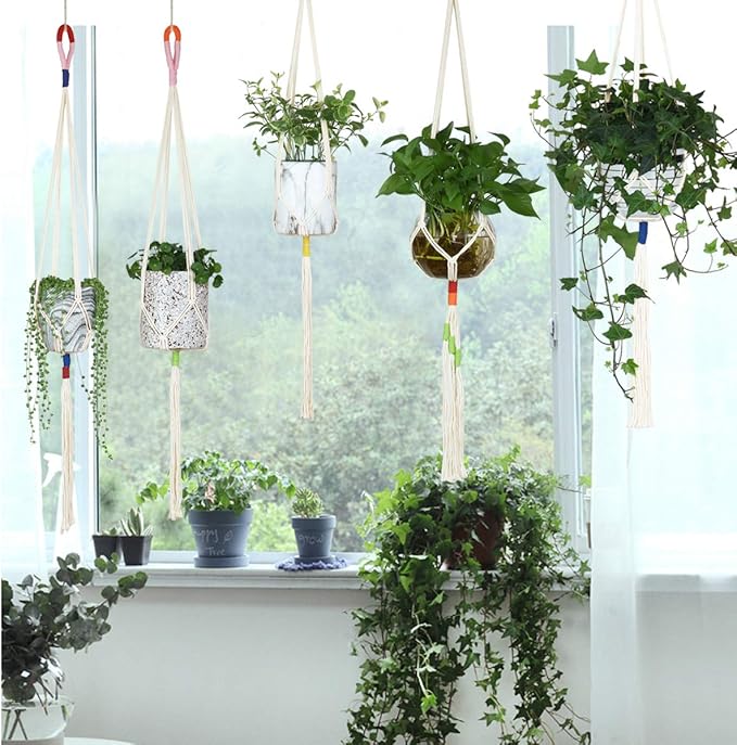 JES&MEDIS 5 Pack Color Handmade Cotton Rope Macrame Plant Hanger Indoor Outdoor Flower Pots Or Basket Hanging Planter Holder for Decorations with 5 PCS Hooks