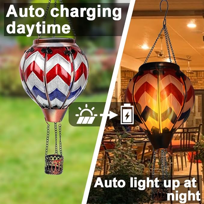 2PC Hot Air Balloon Solar Lantern with 2PC Shepherd Hook, Flickering Flame Hanging Solar Lanterns Outdoor Lights Waterproof Lanterns for Garden Patio Yard Party Decor (Wavy-Gray&Navy&Red)