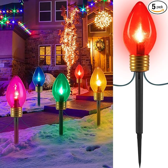 Jumbo C9 Christmas Lights Outdoor Decorations Lawn with Pathway Marker Stakes, 8.5 Feet LED Lights Covered Jumbo Multicolored Light Bulb for Holiday Outside Yard Garden Decor, 5 Lights