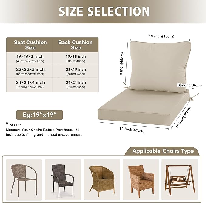 19"x19" Outdoor Cushion for Patio Furniture – Water-Repellent & Fade-Resistant Patio Chair Cushion for Garden, Deck, or Porch – Cream