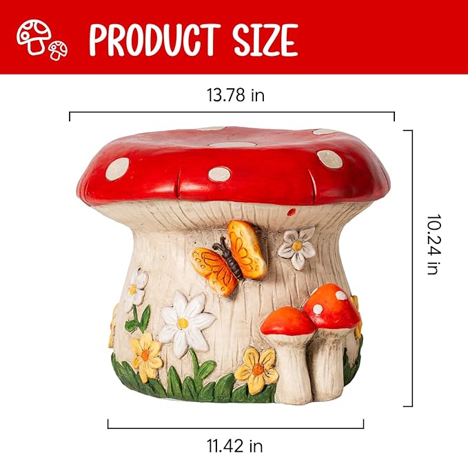 14''W Mushroom House Statue Outdoor Statues Garden Resin Stool Over-Sized Sculpture Forest Pedestal Spring Decor for Home Courtyard Lawn Patio Summer Ornament Indoor Stool