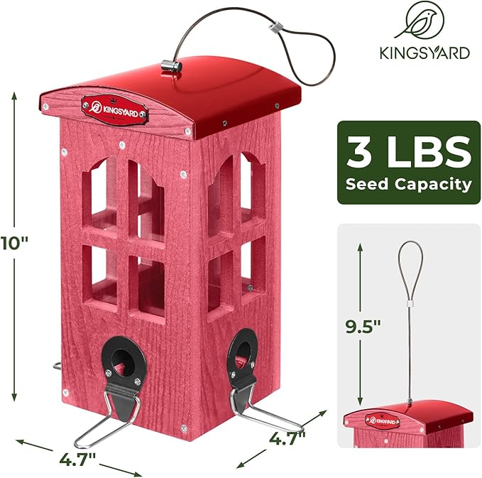 Kingsyard Upgraded Rainproof Bird Feeder for Outdoor Hanging - Metal Feeding Port, Recycled Plastic Wild Bird Feeder with Metal Mesh Tray for Goldfinch Small Bird, Garden Yard Decoration, Red