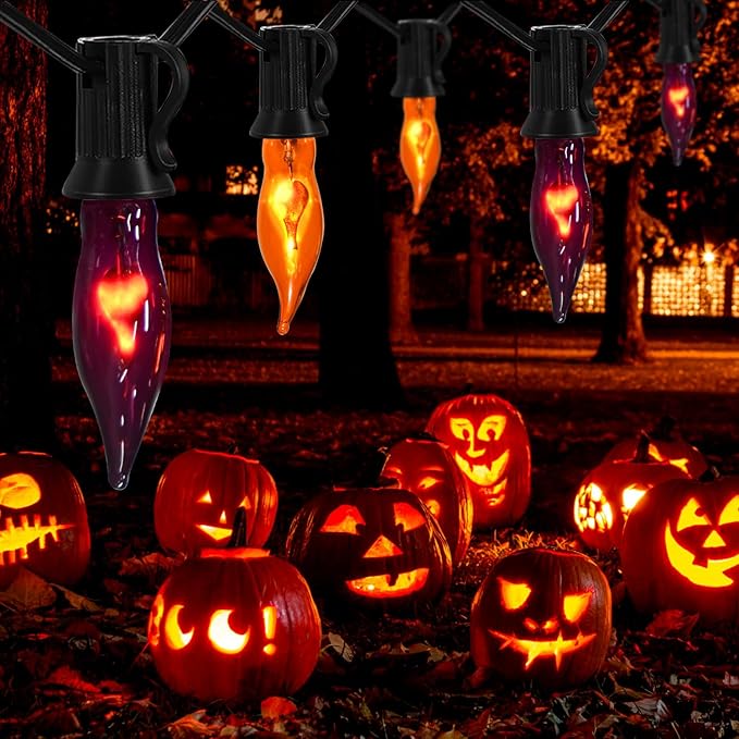 12.8Ft Halloween Decorations - Indoor/Outdoor Flickering Flame String Lights, Orange & Purple, 12 Pack C7 Flame Lights Bulbs