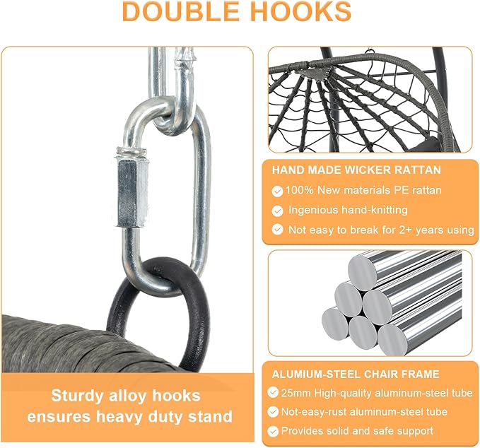 2 Person Double Egg Swing Chair with Stand Indoor Outdoor, Hammock Egg Chair Outdoor, Patio Wicker Hanging Egg Chair w/Cushion 700LBS Capacity for Bedroom, Balcony, Garden, Grey