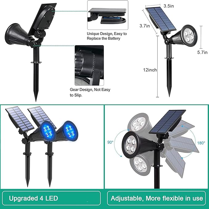 T-SUNUS Blue Solar Lights Outdoor Waterproof IP65, 2 Pack Garden Spotlights, Auto-on/Off Security Landscape Pond Spot Light 2 Modes for Halloween Christmas Tree Patio Garage Yard Driveway Pool Fence