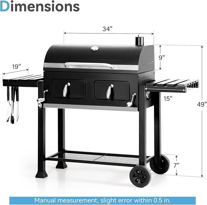 GREEN PARTY Barrel Charcoal Grill with Side Tables, 794 Square Inches Cooking Space, Large Charcoal BBQ Grill with 2 Height-Adjustable Charcoal Pans for Outdoor Backyard Patio Picnic Parties Camping