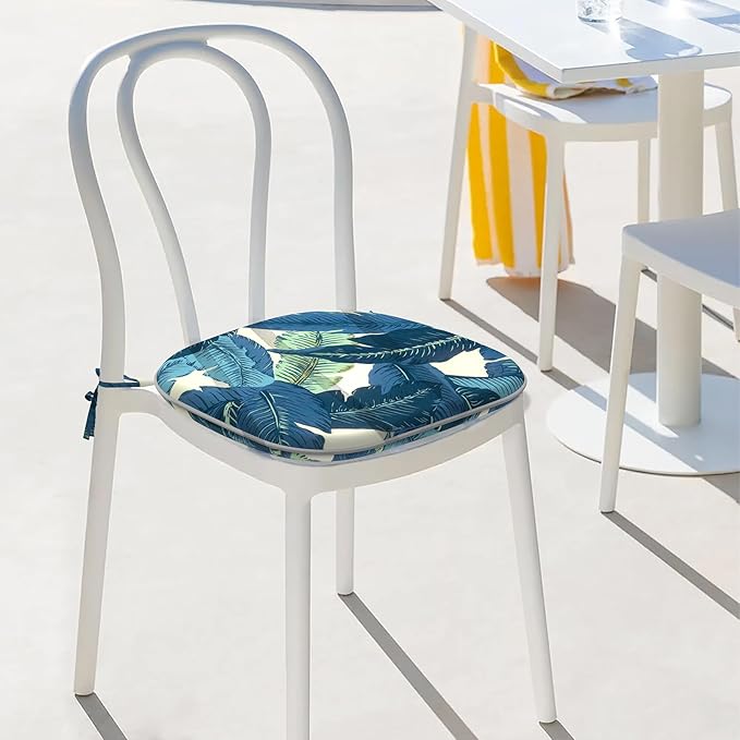 Indoor/Outdoor Chair Cushions 16x17 Inch, Patio Chair Cushions with Ties, All Weather Seat Cushions for Patio Furniture Home Garden Chair Use, Set of 2, Swaying Palms Blue