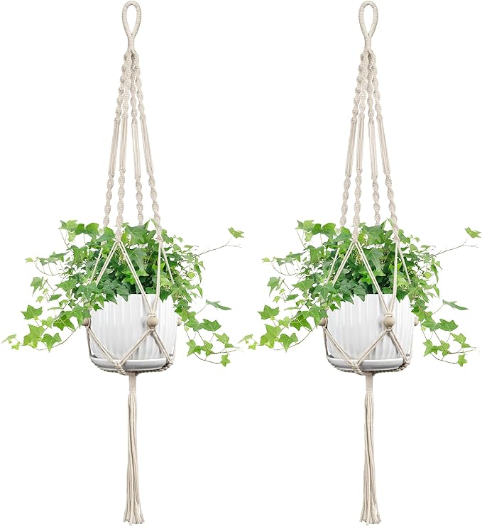 2 Pack Macrame Plant Hanger, 44 Inch, Fits 4-12 Inch Pots, Extra Long Indoor Outdoor Hanging Planter Basket Flower Pot Holder, Boho Home Decor, Ivory (POTS NOT Included)
