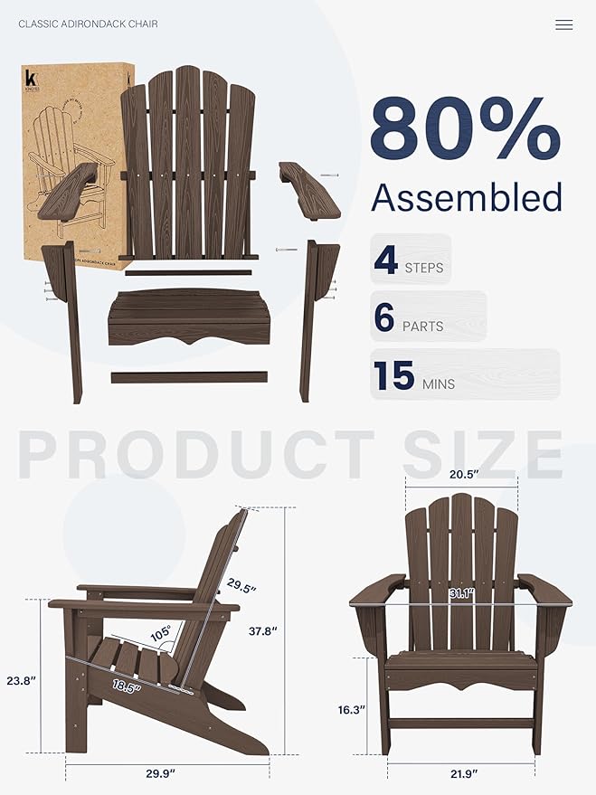 KINGYES HDPE Adirondack Chair, Classic All-Weather Adirondack Chair, Brown