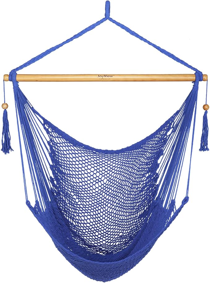 JoyView Hammock Chair with Spreader Bar Caribbean Hammock Swing Chair 300 LBS Weight Capacity XL Rope Hanging Chair for Outdoor Indoor Garden Yard - Blue