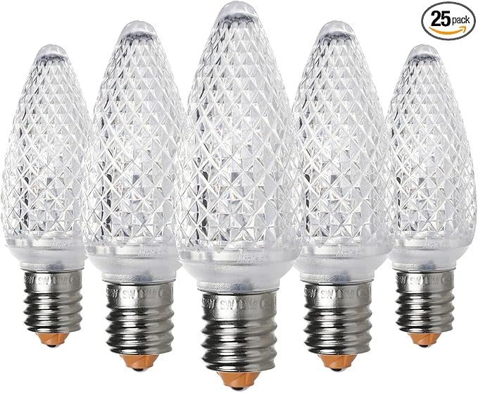 UL IP65 Set of 25 E17 C9 Sun Warm White Led Christmas Lights Replacement Bulbs, Waterproof Dimmable Colored Bulb for Christmas Decoration, Commercial Grade C9 LED Lights(Sun Warm White)