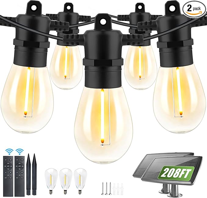 208FT(196+12) Solar String Lights Outdoor Waterproof, Solar Powered Patio Light with 60+3 Dimmable S14 Edison Bulbs Shatterproof & Remote Control, Solar String Lights for Outside Garden Backyard