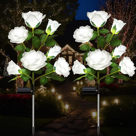 2 Pack Solar Garden Lights Outdoor, 7-Flower Rose LED Stake Light for Yard Patio Pathway Lawn Fence Cemetery, White
