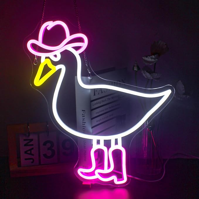 Cowboy Duck Neon Sign,Duck Neon Signs Cowgirl Boots Neon Signs for Wall Decor, USB Connectivity Pink LED Signs for Bedroom Living Room Kids Room Home Bar Birthday Party