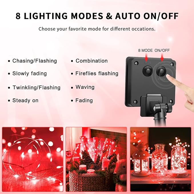 JMEXSUSS 4 Pack Red Solar Fairy Lights, Total 400 LED 132FT Red Solar Lights Outdoor Waterproof, 8 Modes Copper Wire Solar String Lights for Outside Patio Christmas Valentine Day Decorations
