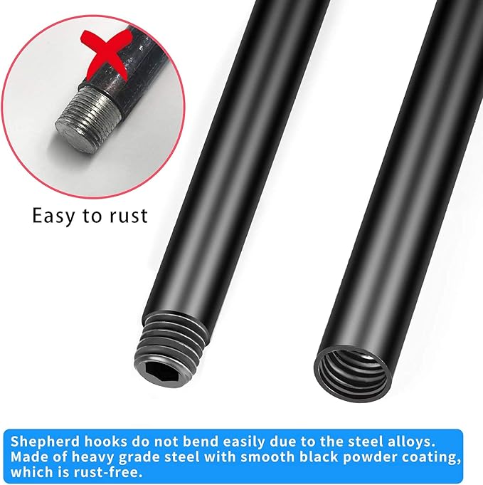 JOYSEUS Shepherd Hooks 2 Pack - 48 Inches High 1/2 Inch Thick Adjustable Rust Resistant Shepards Hooks for Outdoor Solar Lights, Lanterns, Flower Basket, Bird Feeder.