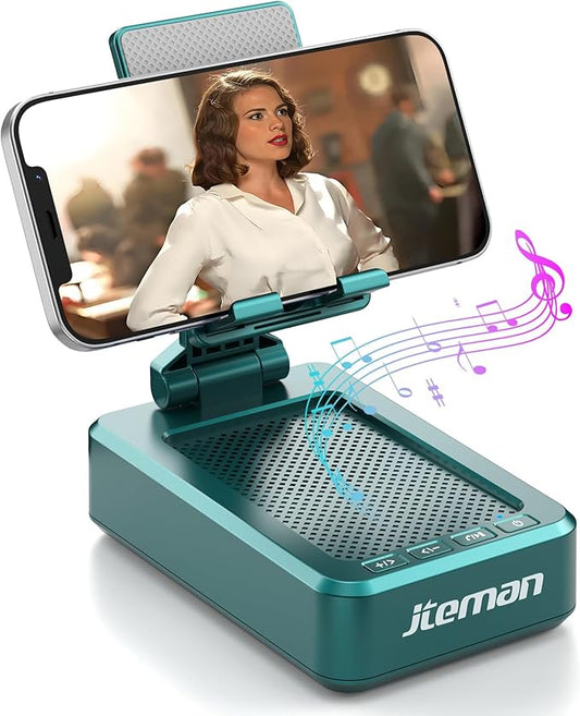 JTEMAN Cell Phone Stand with Wireless Bluetooth Speakers,Angle Adjustable Strong Pedestal Phone Stand for Desk,HD Sound and Bass Bluetooth Speaker Compatible with All Mobile Phones(Green)