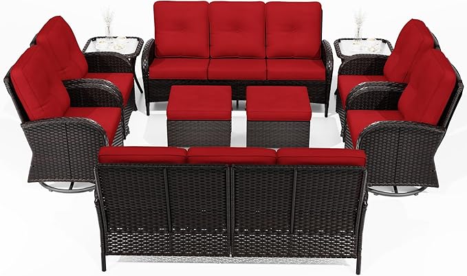 Joyside 10 Piece Patio Furniture Set, Outdoor Wicker Conversation Sets with Swivel Rocker Chairs and Sofa, Thick Cushion, Rattan Patio Sectional for Porch, Deck Use (Brown/Red, 10 PCS)