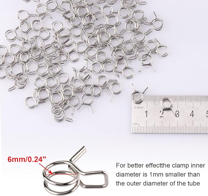 1/4" Irrigation Hose Clamps, 100 Double Line Hose Pipe Spring Clamps, Drip Irrigation Kit Connector Leak Solution