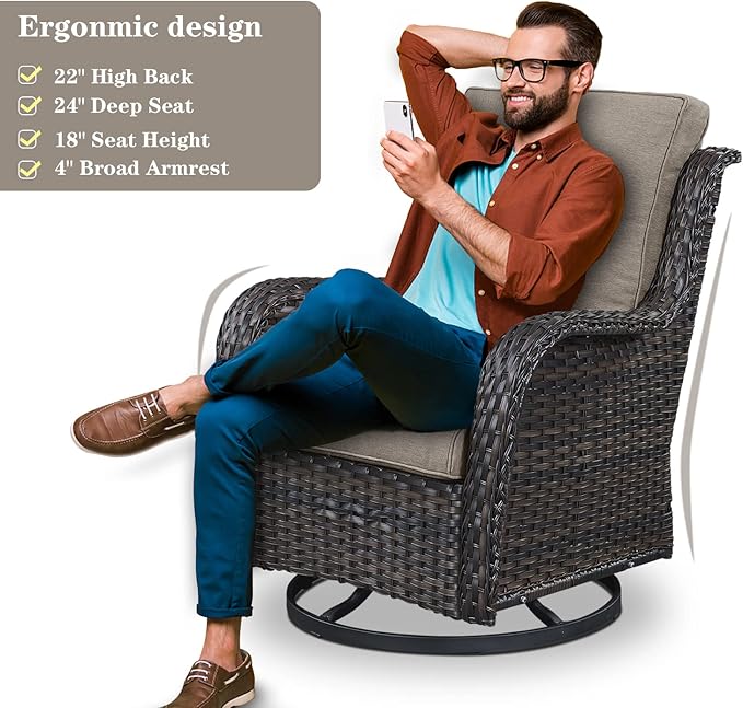 Outdoor Furniture Sectional Sofa L Shaped Couch - Patio Wicker Set with 2 Swivel Glider Chairs, 5 Piece Rattan Patio Conversation Sets with Gray Cushion for Deck Backyard Sunroom