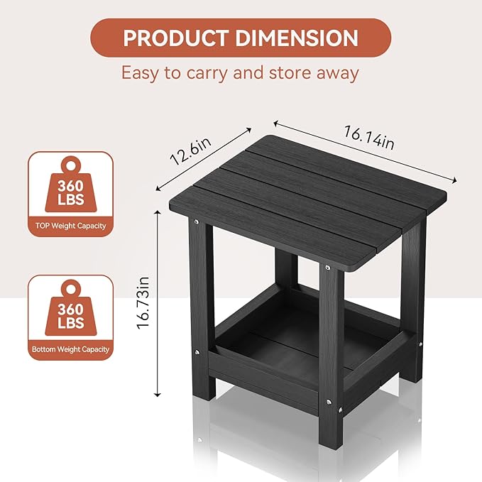 Adirondack Outdoor Side Table with 2 Layer Storage Small Adirondack Square Side Tables for Outside Weather Resistant Patio End Table for Pool, Backyard, Indoor Companion, Front Porch, Black