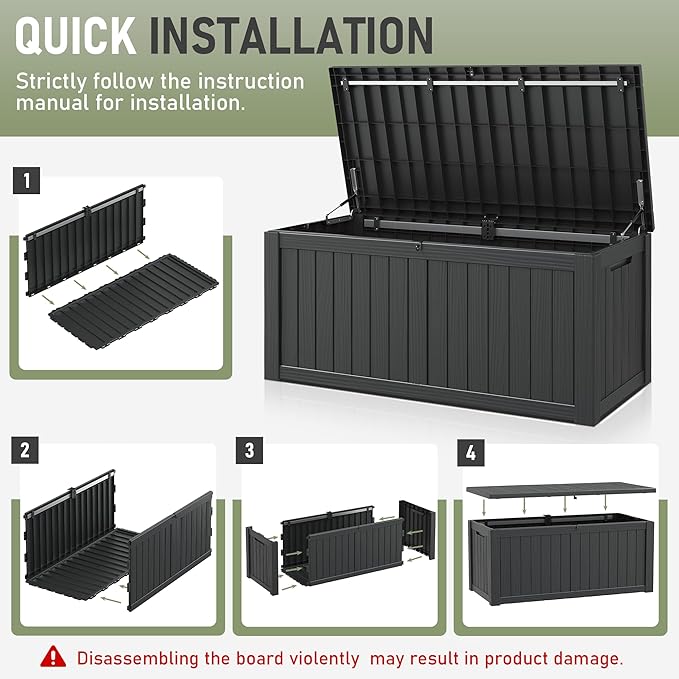 KAMABOKO Outdoor Storage Box, 120 Gallon Large Outdoor Resin Deck Box, Storage Waterproof Boxes Lockable Lid for Garden Tools, Pool Supplies, Patio Furniture and Cushions, Black