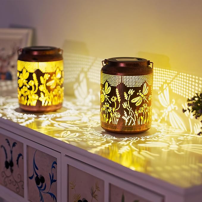 2 Pack Dragonfly Solar Lanterns Outdoor Waterproof 6.9" Metal Hanging Solar Lights Outdoor LED Light Dragonfly Decorative Lantern for Patio,Porch,Yard,Garden Decor,Birthday Gifts for Women Mom