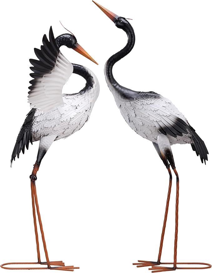 TERESA'S COLLECTIONS Yard Decorations Outdoor Garden Statues, White Metal Crane Yard Art, 25-26inch Lawn Ornaments for Backyard, Outside Porch, Patio, Wedding Decor,Set of 2,Spring Decor,Gifts for Mom