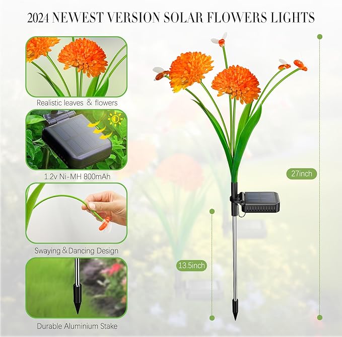 Solar Garden Lights, 4 Pack Swaying Bee Lights With Flowers, Waterproof Firefly Lights Outdoor for Garden Patio Yard Pathway Fall Decoration, Gifts for Women Mother's Day