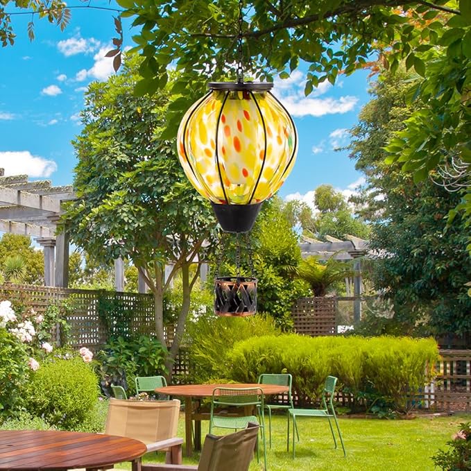 2PCS Hot Air Balloon Solar Lanterns with Flickering Flame,Yellow Glass Hanging Solar Lanterns Outdoor Waterproof Hot Air Balloon Light for Patio Tree Yard Garden Decor,Garden Gift for Women