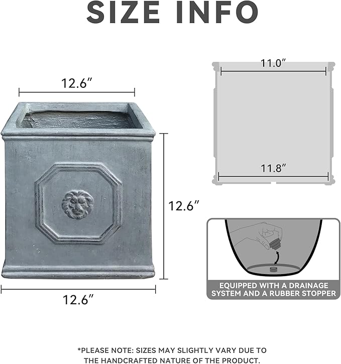 Kante Square Lion Head Concrete Planter, Classic English Style Plant Pot with Drainage Hole and Rubber Plug for Indoor Outdoor Garden Patio Home, 12.6"x12.6"x12.6" Gravel Gray