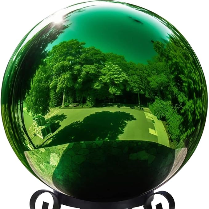 10 Inch Stainless Steel Gazing Globe,v2croft Hollow Ball Mirrored Surface Polished Shiny Sphere,Garden Stainless Steel Gazing Ball for Outdoor Lawn Pond Yard Ornament(Green)