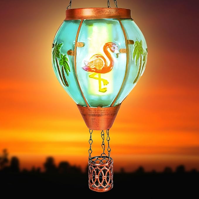 2 Pack Solar Hot Air Balloon Lantern With Flame, Flamingo Glass Solar Outdoor Lights for Patio Garden Decor, Gifts for Women Grandma Mom