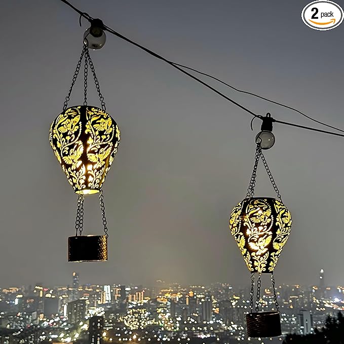 2-Pack Hummingbird Decor Hot Air Balloon Solar Lantern – Outside Decorative Hanging Light for Garden Yard Patio Porch Lawn and Pathway – Unique Housewarming, Birthday Gift for Women Mom Grandma