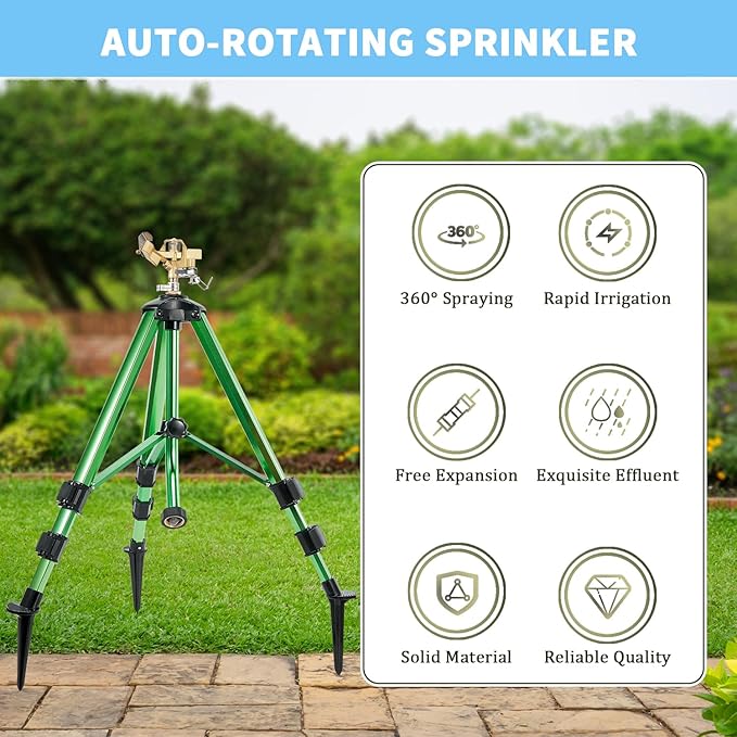 Impact Sprinklers on Tripod Base,Heavy Duty Lawn Sprinkler for Yard with 360 Degree Large Area Coverage Irrigation,Brass Sprinklers with Adjustable Head Nozzle,3/4Inch Connector Extension Legs