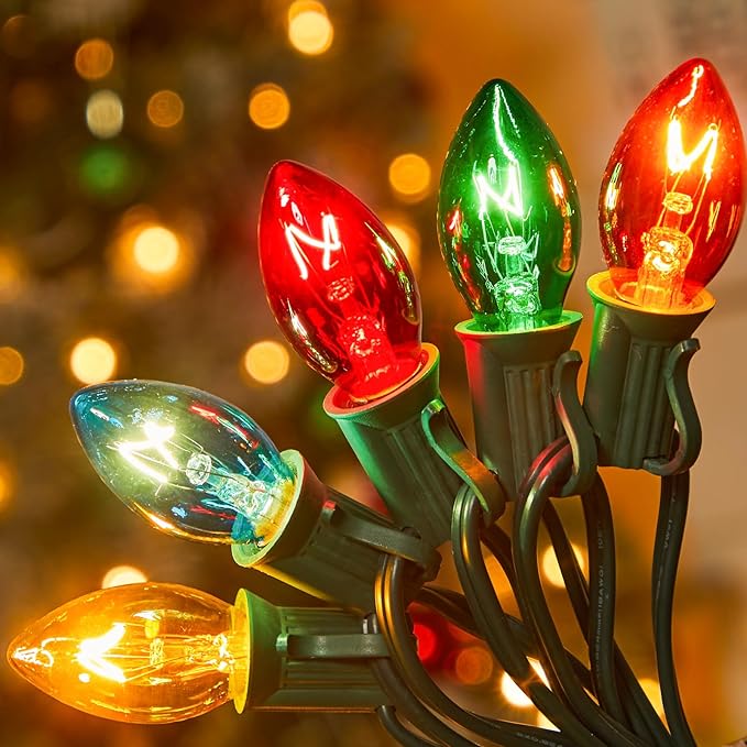 C7 Multicolor Christmas String Light Set, 25ft Vintage Christmas Tree Lights, Outdoor Roofline String Lights with 25 Bulbs for Patio Garden Holiday Indoor Wedding Home Decorating, Green Wire