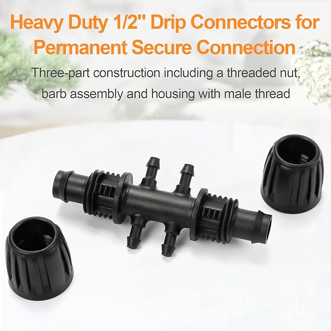 12 Pcs 1/2 inch to 1/4 inch Drip Irrigation Tubing Fittings, 1/2" Drip Tubing (1/2" ID x 0.65" OD) to 4 Way 1/4" Irrigation Tubing Locked Barbed Reducing Tee Connectors for Garden Systems
