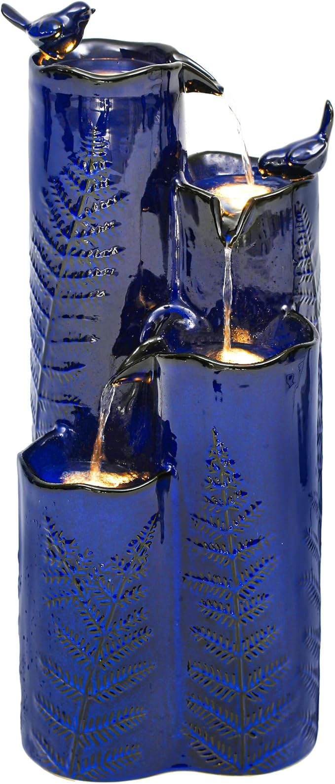 32" H Ceramic Outdoor Water Fountain with LED Lights, 4-Tier Vase Outdoor Fountain, Cobalt Blue Glaze, Embossed Fern Pattern, Cascading Waterfall for Tranquil Garden, Patio, or Porch