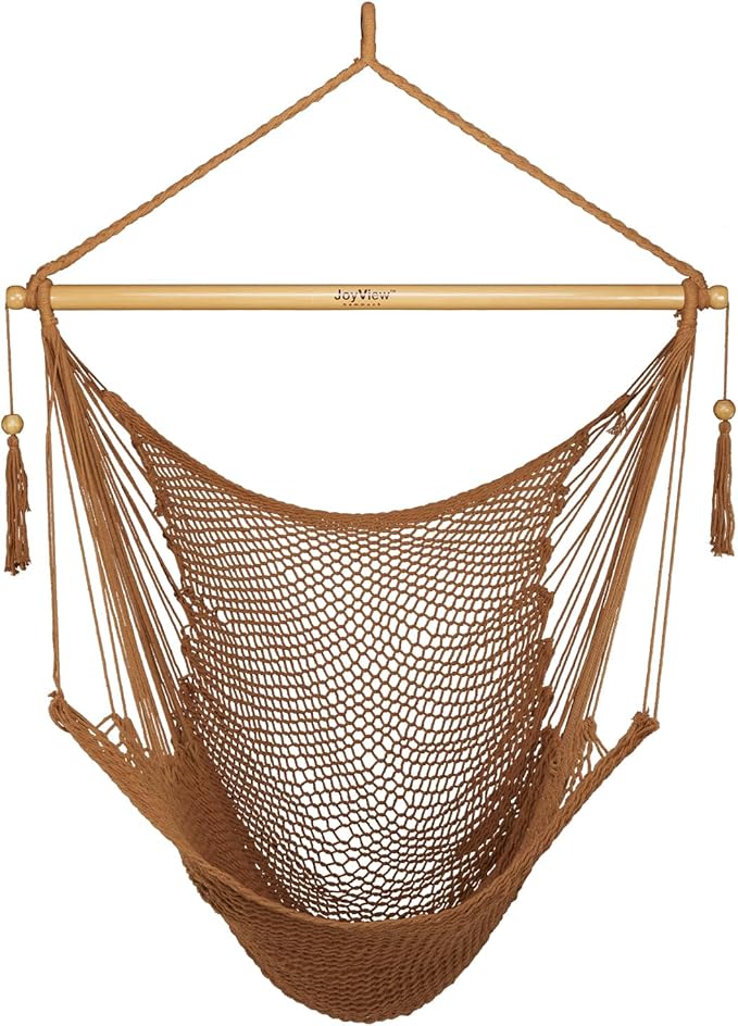 JoyView Hammock Chair with Spreader Bar Caribbean Hammock Swing Chair 300 LBS Weight Capacity XL Rope Hanging Chair for Outdoor Indoor Garden Yard - Brown